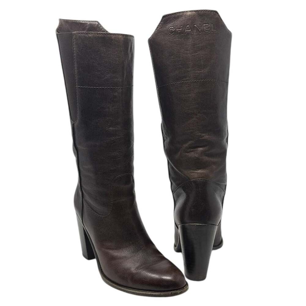 Chanel Brown Leather Knee High Boots Embossed Logo Block Heel Size 39